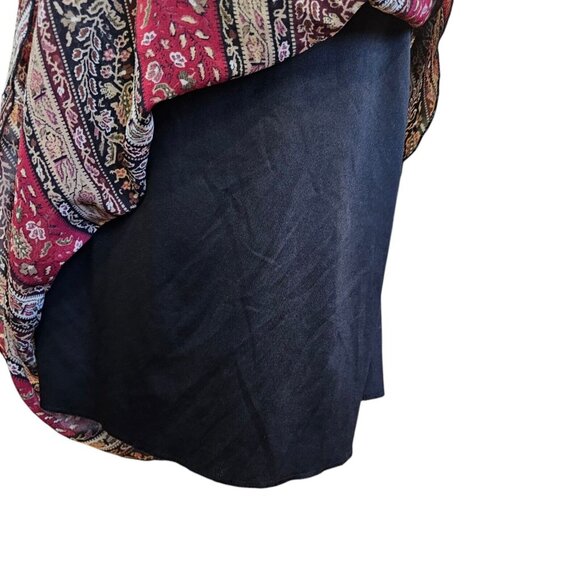 Y2K Womens 8 Dark Floral Midi Dress Dark‎ Red Tan Laceup Whimsigoth Boho Chiffon - Picture 7 of 11